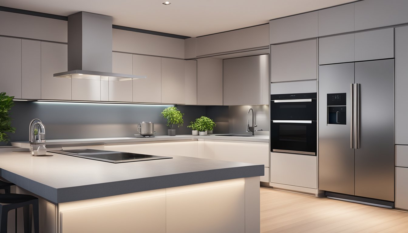 A sleek microwave sits on a modern kitchen counter in Singapore, surrounded by stainless steel appliances and soft ambient lighting