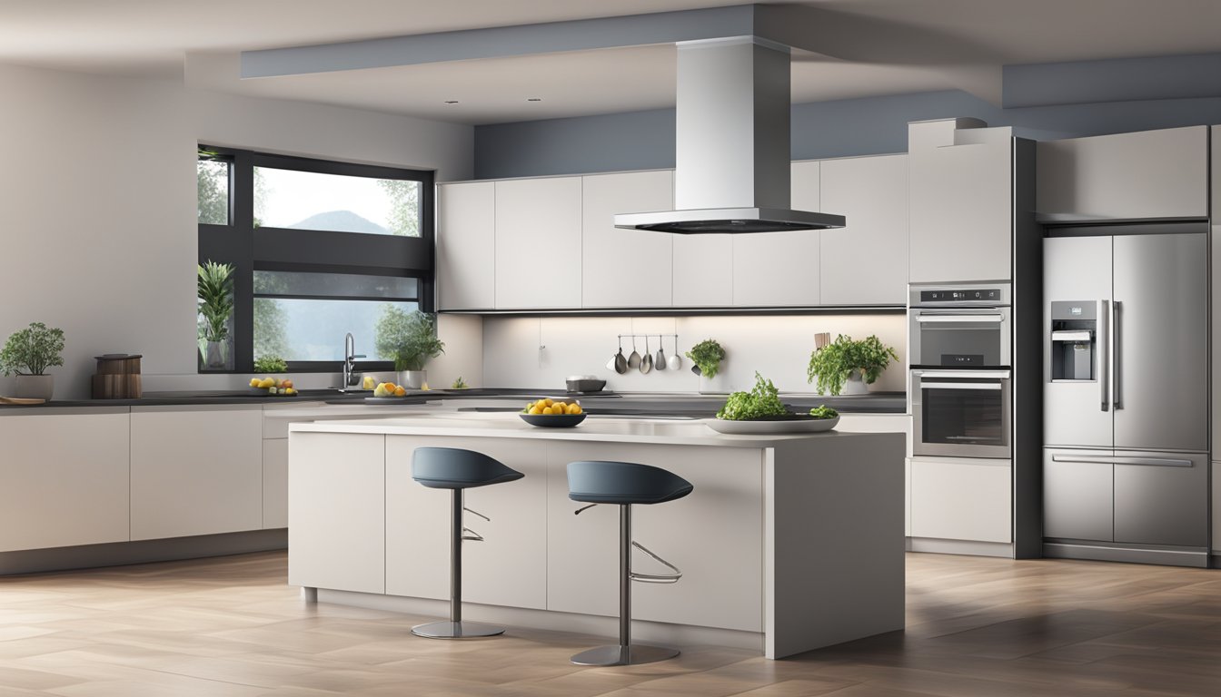 A modern kitchen with a sleek cooker hood mounted above the stove. The hood is actively removing steam and cooking odors from the air, creating a clean and fresh environment