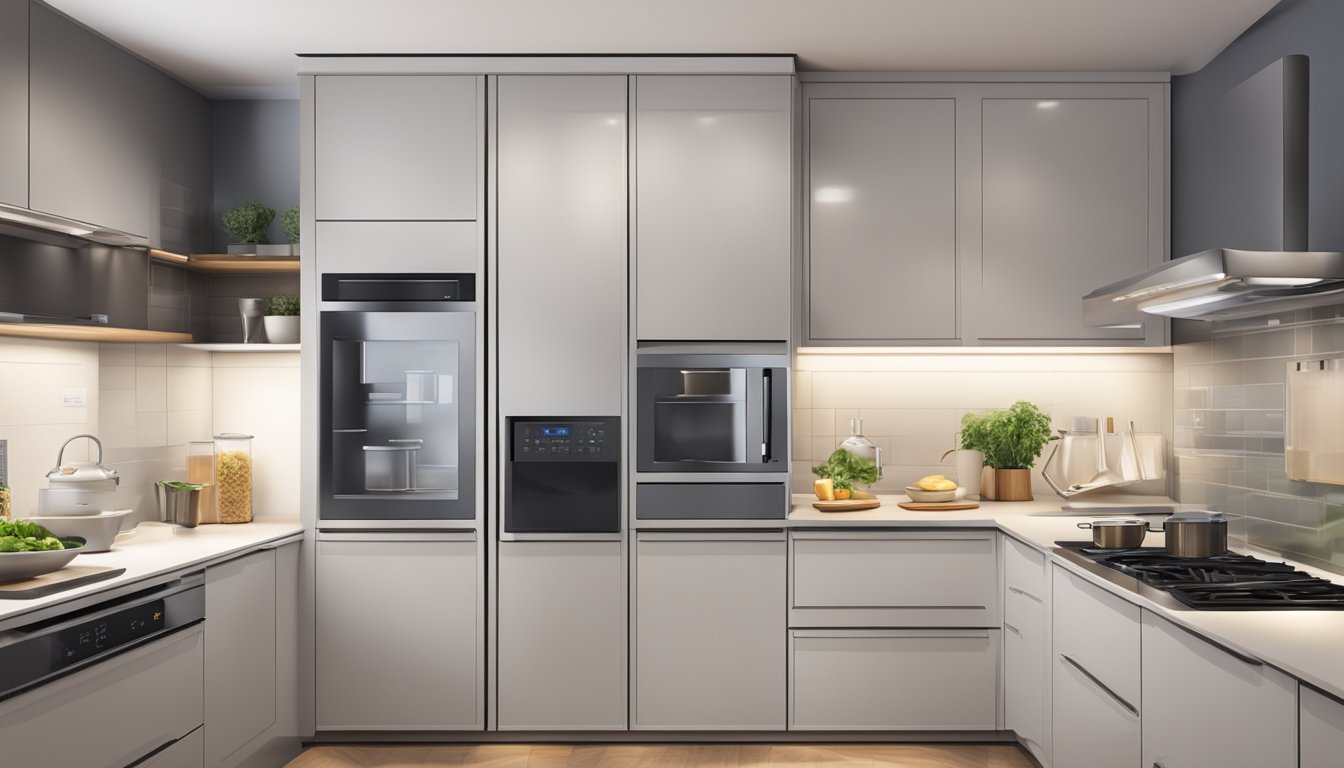 A modern kitchen with a sleek microwave, digital control panel, interior light, and rotating turntable