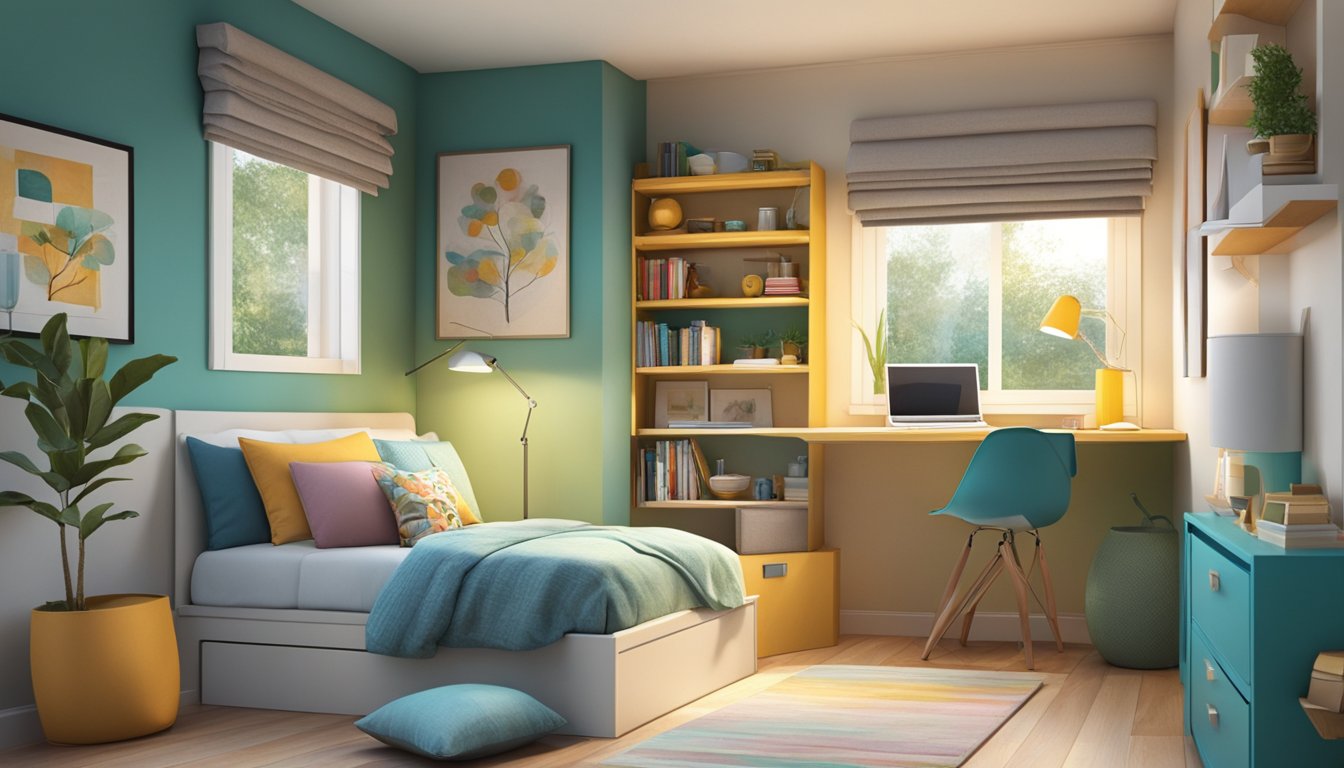 A small bedroom with a loft bed, built-in storage, and a fold-down desk to maximize space. Bright colors and natural light create a cozy atmosphere