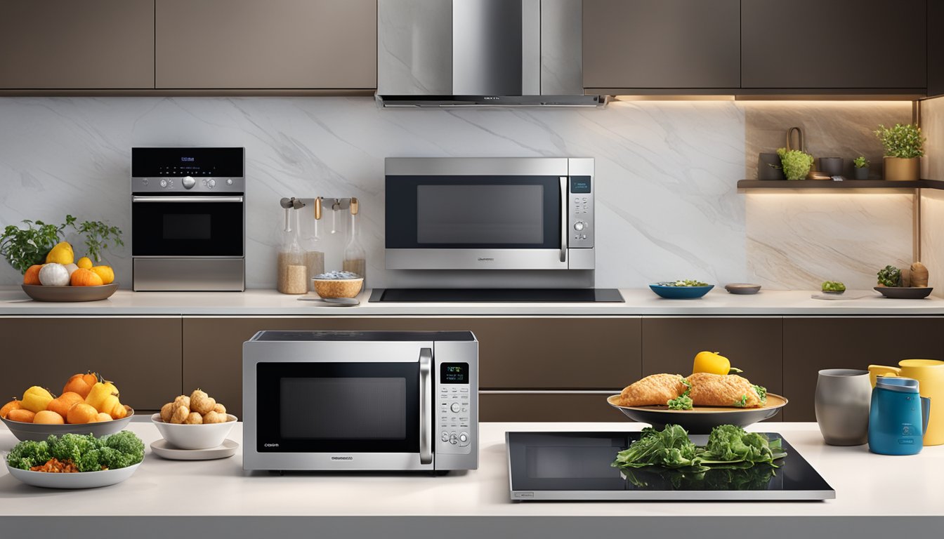 Various top microwave brands and models showcased on a sleek, modern kitchen countertop in Singapore. Vibrant colors and stylish designs catch the eye