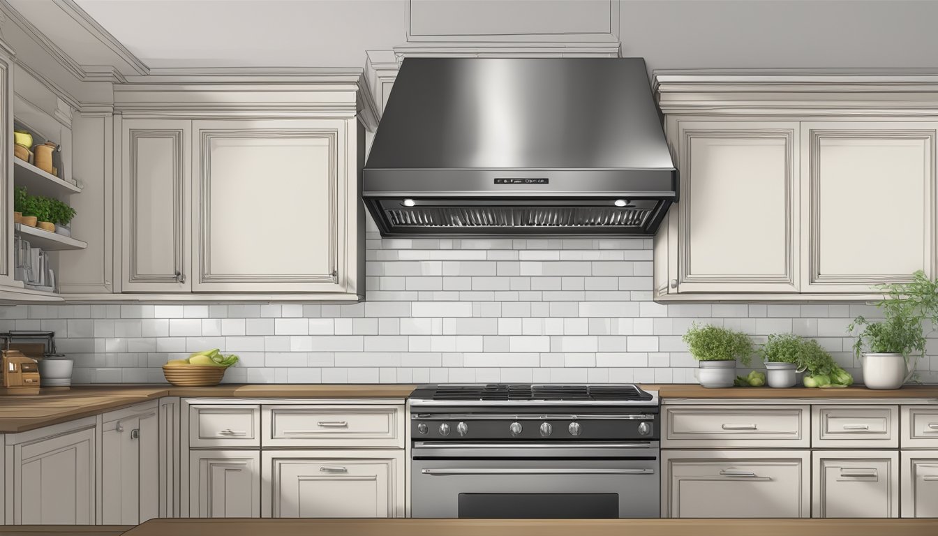 A sleek, modern cooker hood hovers above a stove, with a clear and concise "Frequently Asked Questions" guide displayed prominently on its digital display