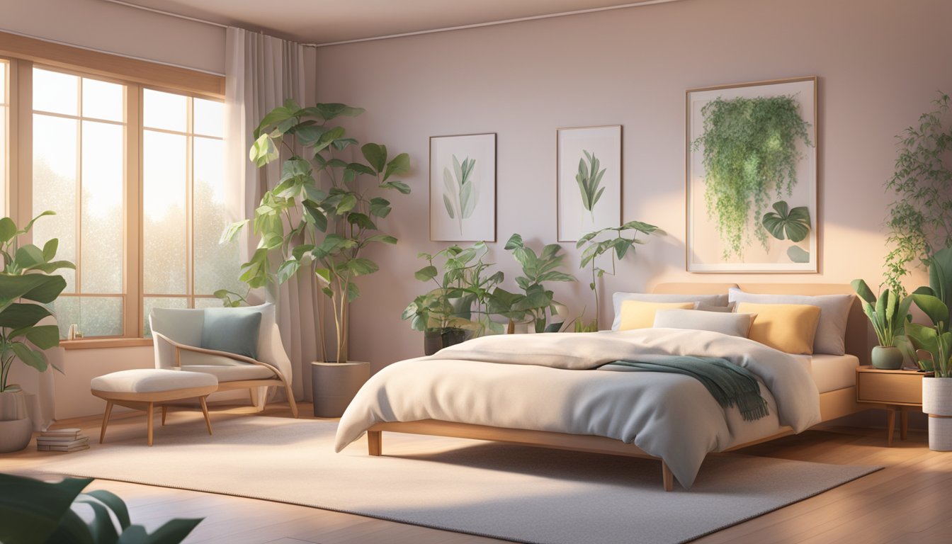 A cozy bedroom with minimalist furniture, soft lighting, and pastel colors. A large window lets in natural light, and plants add a touch of greenery