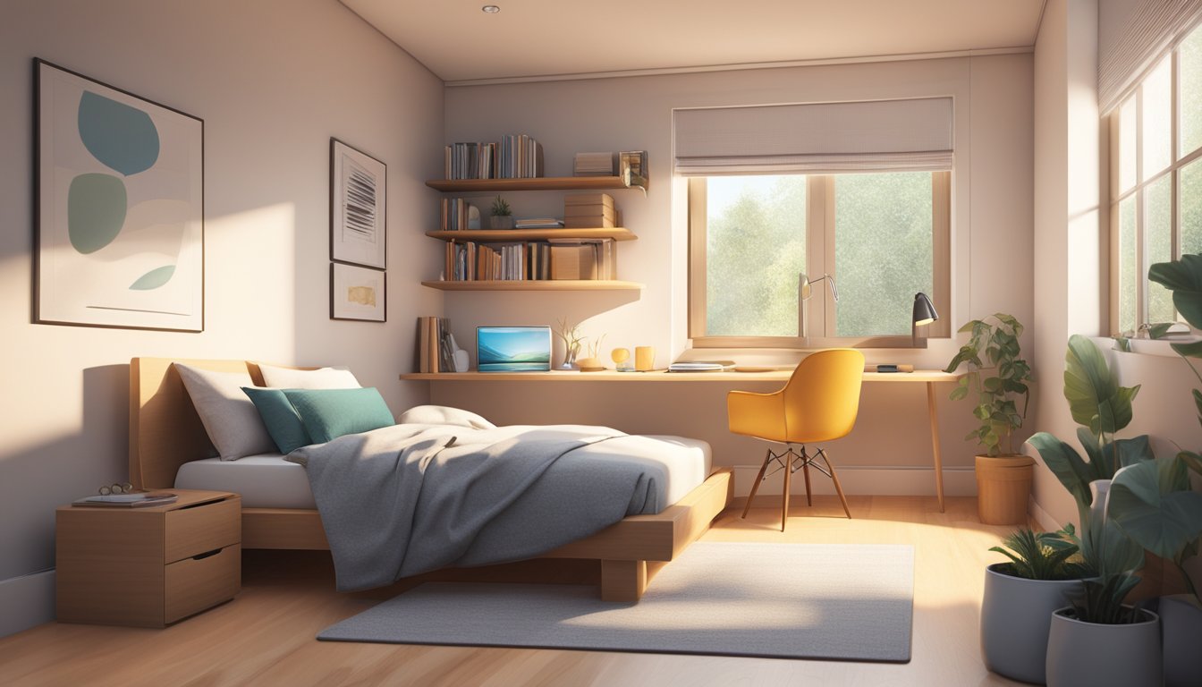 A cozy bedroom with a minimalist design, featuring a space-saving bed, built-in storage, and a small desk with a chair. Natural light streams in through a window, illuminating the room
