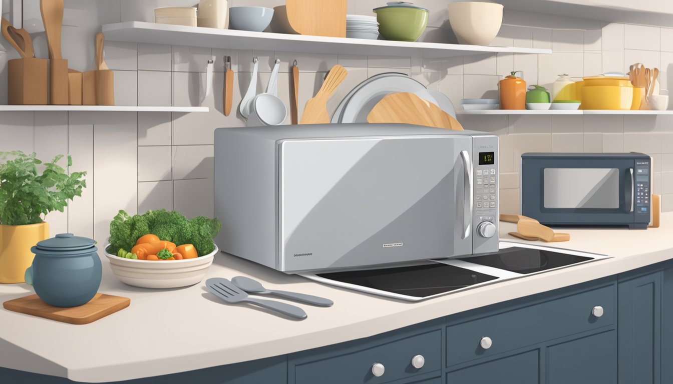 A sleek, modern microwave sits on a clean kitchen countertop, surrounded by various cooking utensils and ingredients. A "Frequently Asked Questions" pamphlet is placed next to the appliance