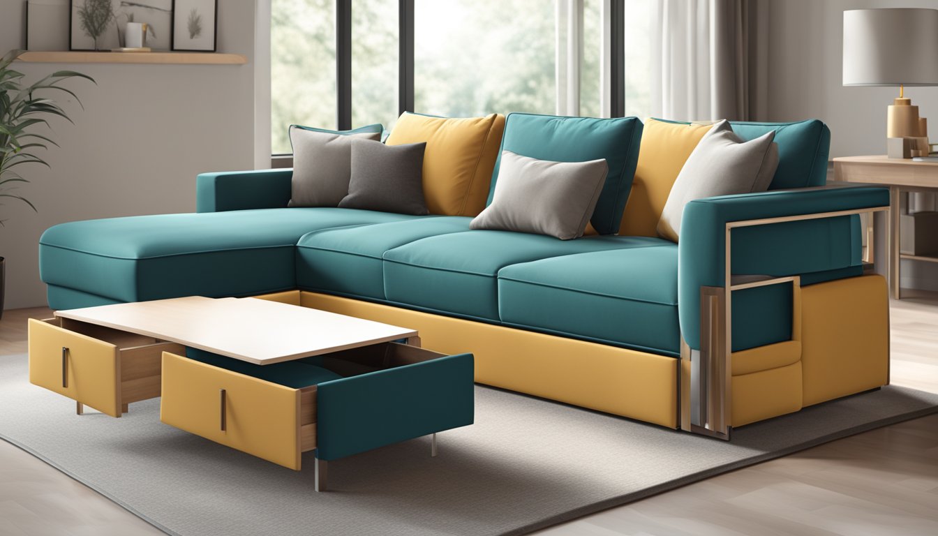 A modern sofa with built-in storage drawers