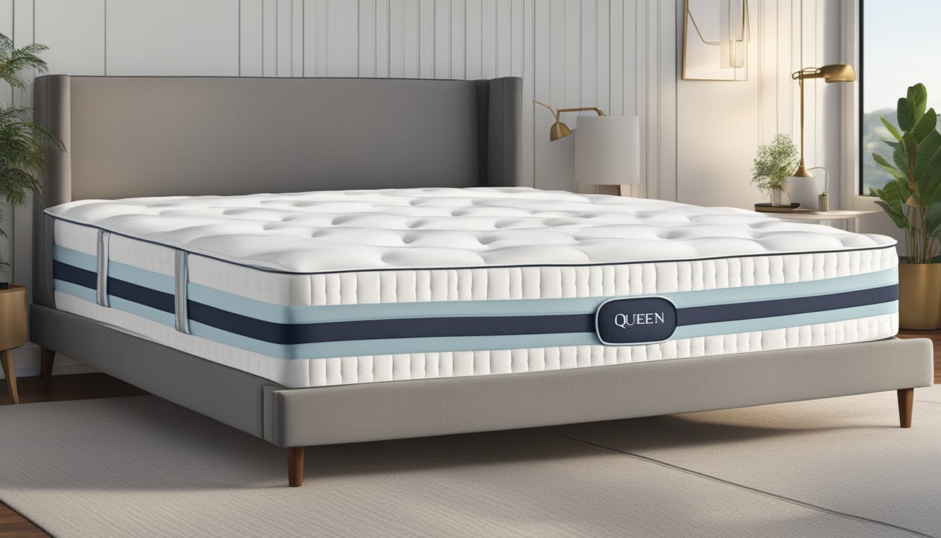 A queen size mattress, 60 inches wide and 80 inches long, sits on a bed frame with clean, white sheets and fluffy pillows
