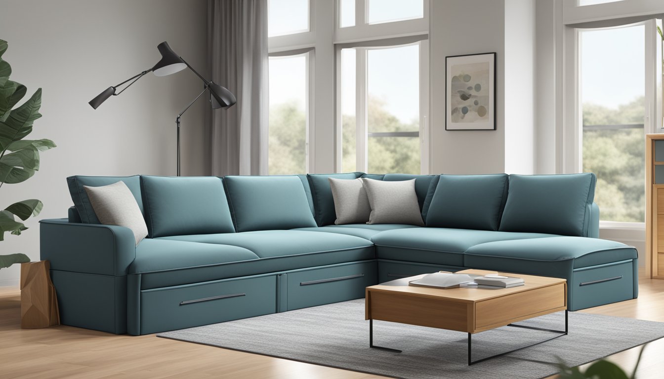 A sleek sofa with built-in storage drawers, seamlessly blending style and practicality