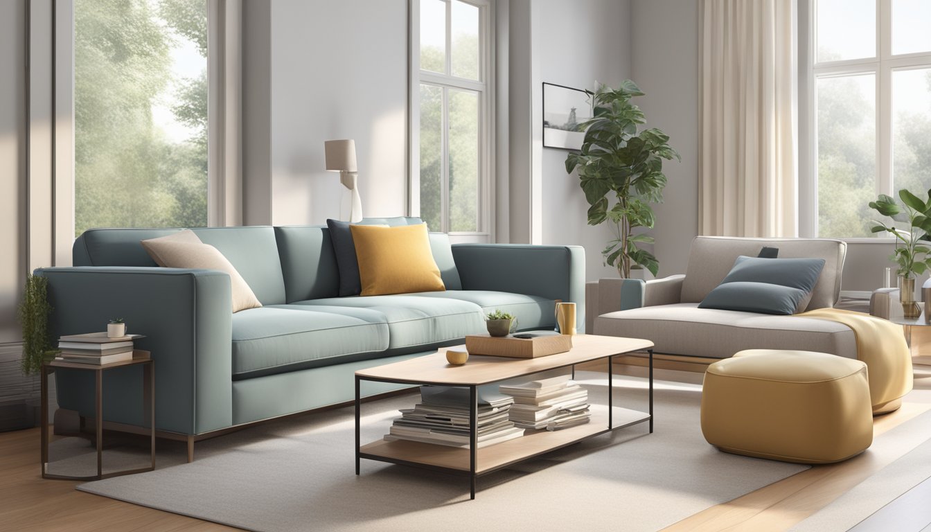 A modern sofa with built-in storage drawers, placed in a well-lit living room with clean, minimalist decor