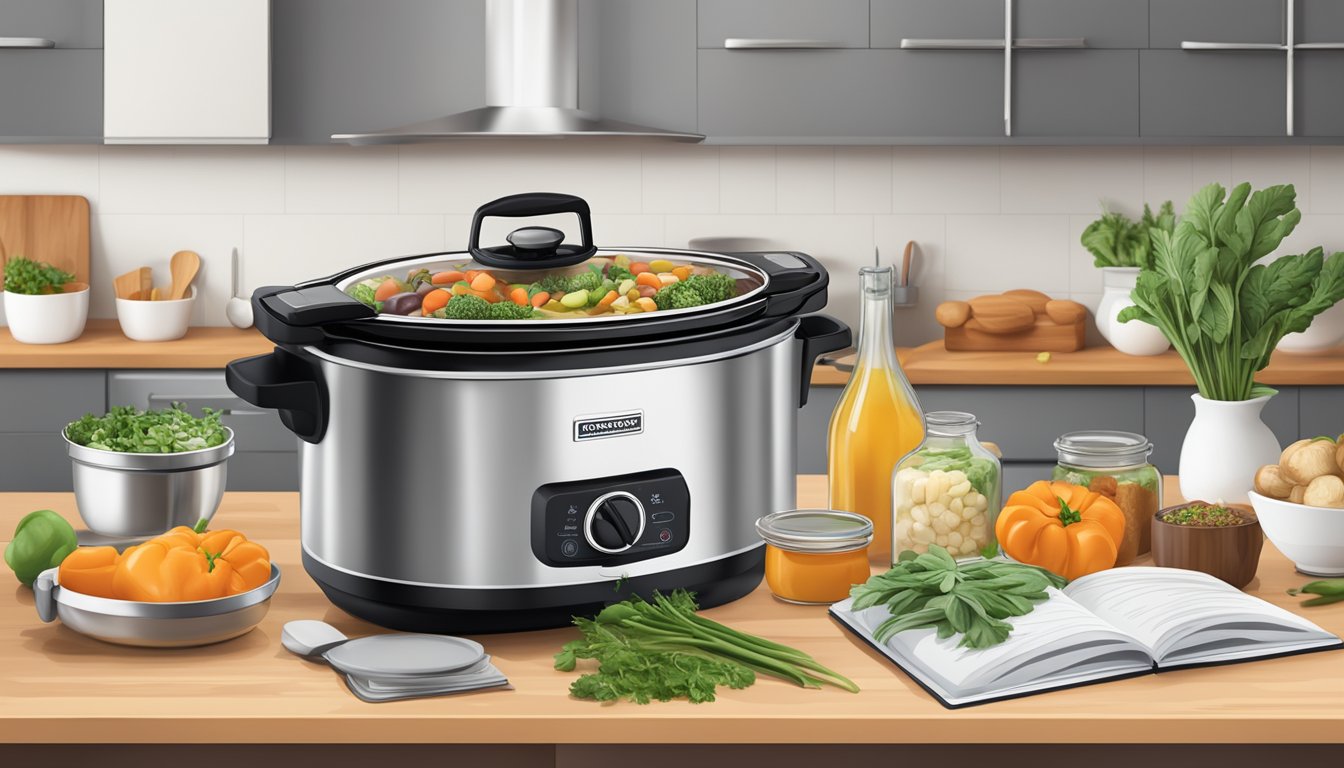 A modern kitchen counter with a sleek, stainless steel slow cooker in the foreground, surrounded by fresh ingredients and recipe books