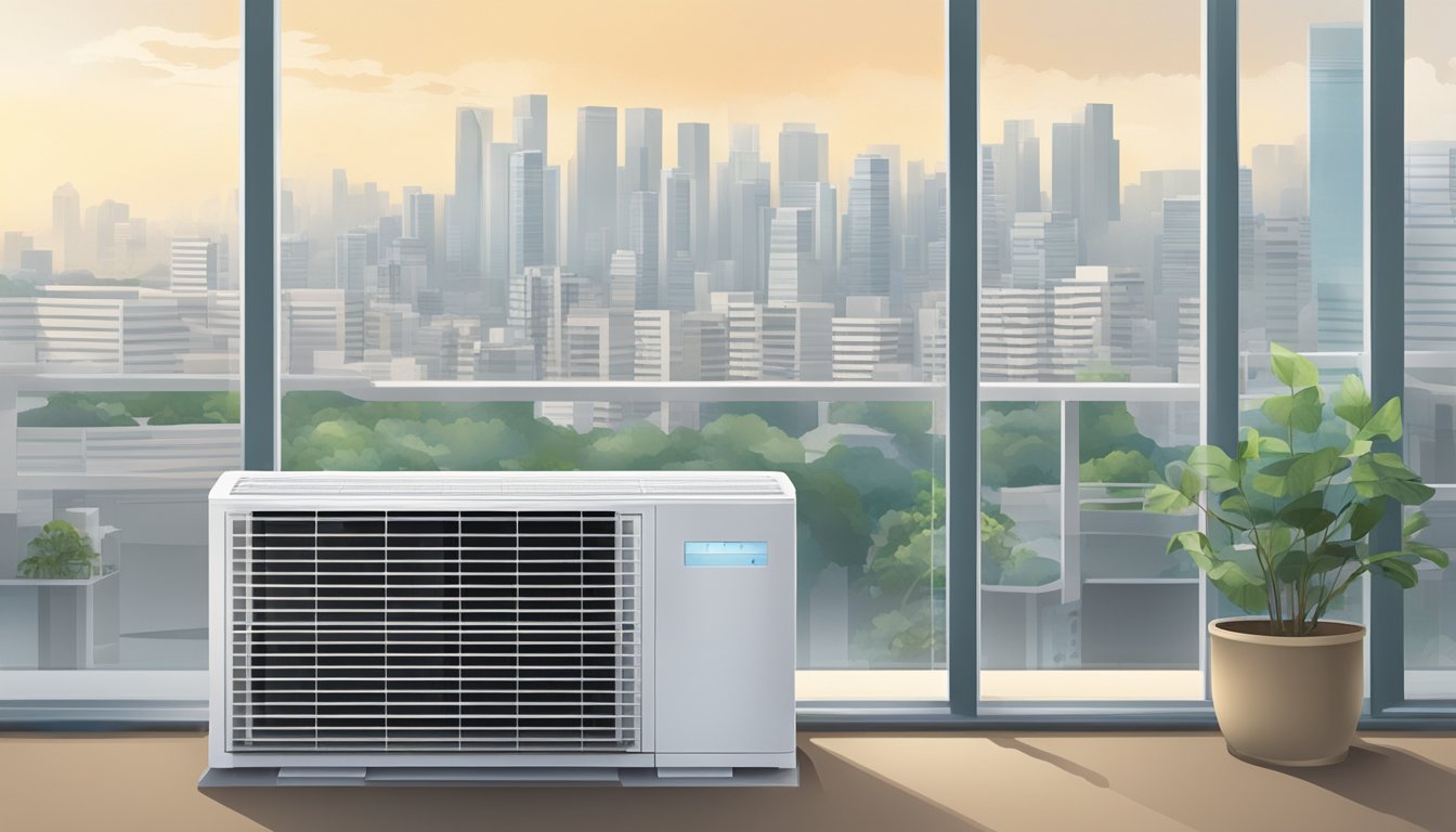 A window unit air conditioner in a Singaporean apartment, with condensation forming on the glass, and the city skyline visible in the background