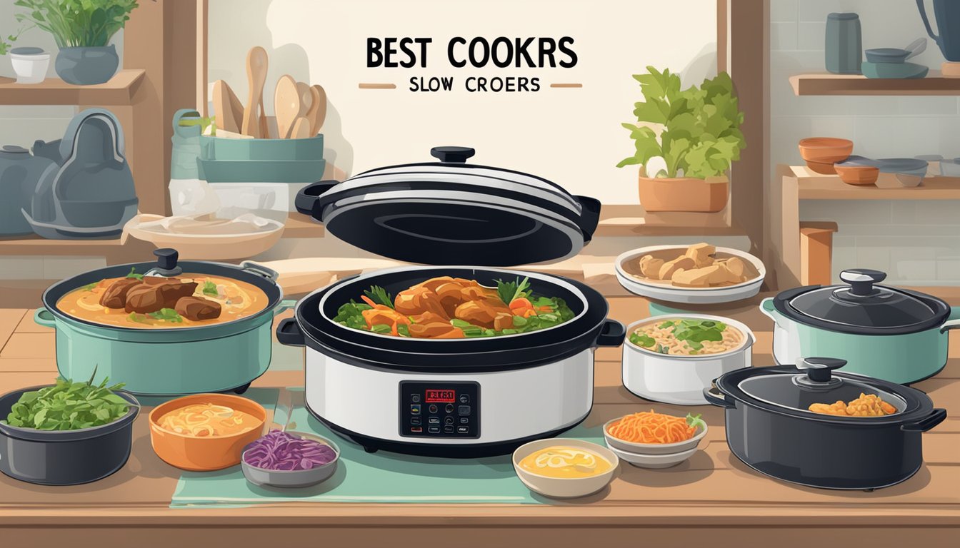 A table with various slow cookers, surrounded by ingredients and cooking utensils. A sign above reads "Best Slow Cookers in Singapore."