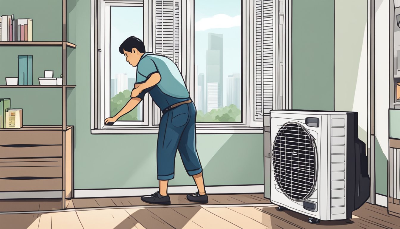 A person installs a window unit air conditioner in a Singaporean apartment