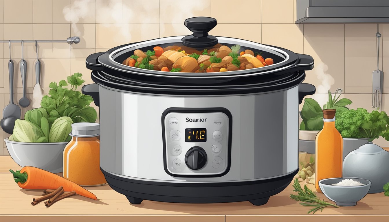 A slow cooker sits on a kitchen counter, surrounded by fresh ingredients and spices. Steam rises from the pot as a delicious aroma fills the air