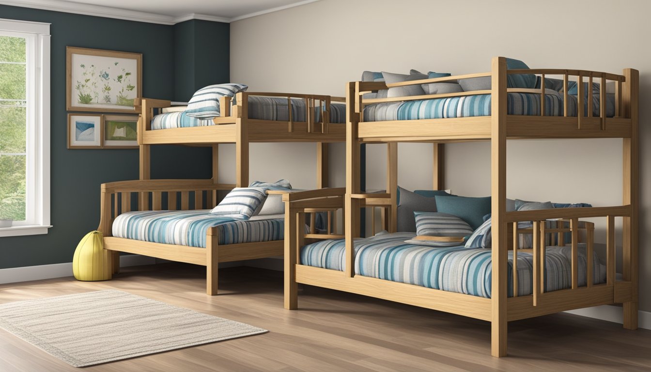 Two sturdy double bunk beds stand against the wall, each with a ladder for access to the top bunk. The beds are neatly made with matching bedding and pillows, creating a cozy and inviting space