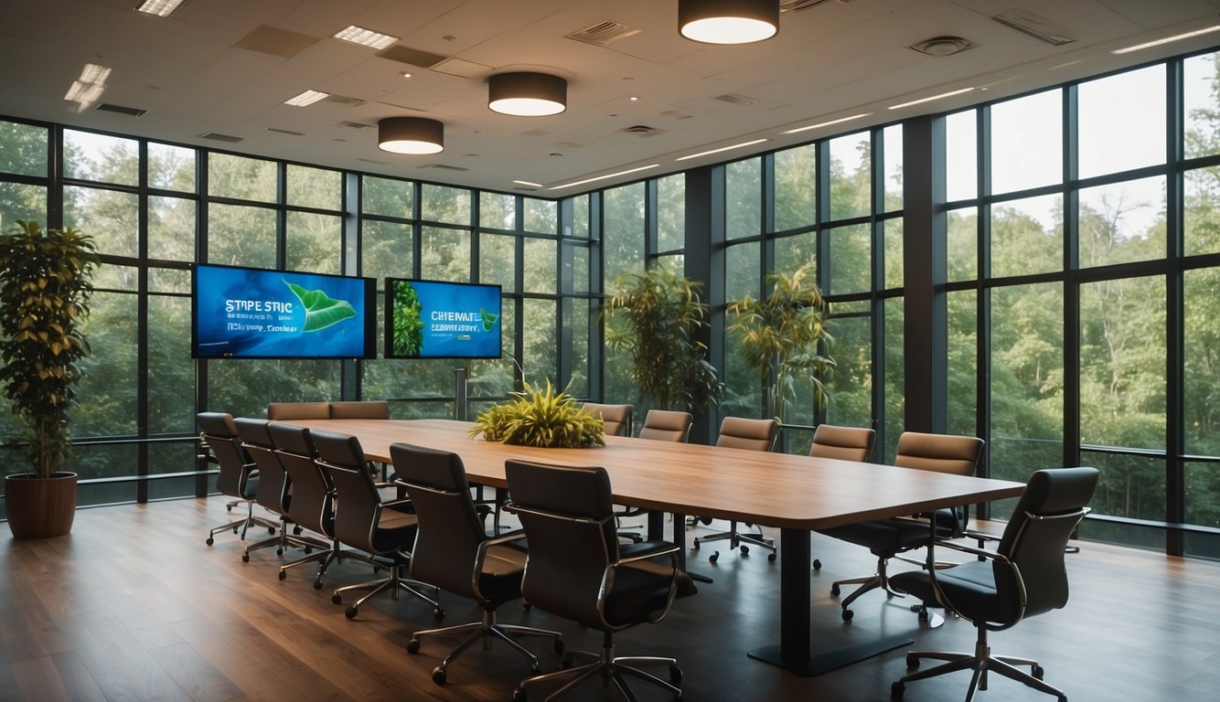 A vibrant conference room with interactive displays and comfortable seating, surrounded by lush greenery and natural light streaming in through large windows