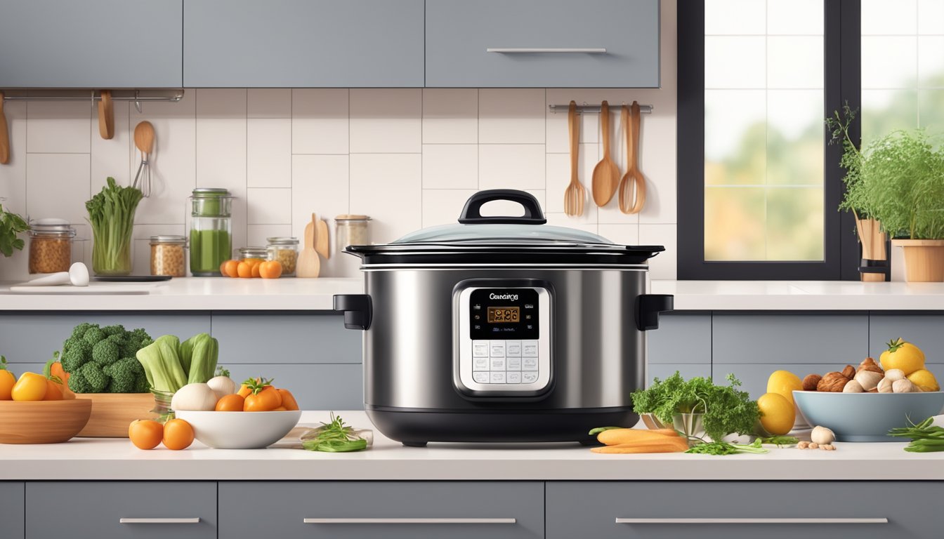 A modern kitchen with a sleek and stylish slow cooker on the countertop, surrounded by various ingredients and utensils