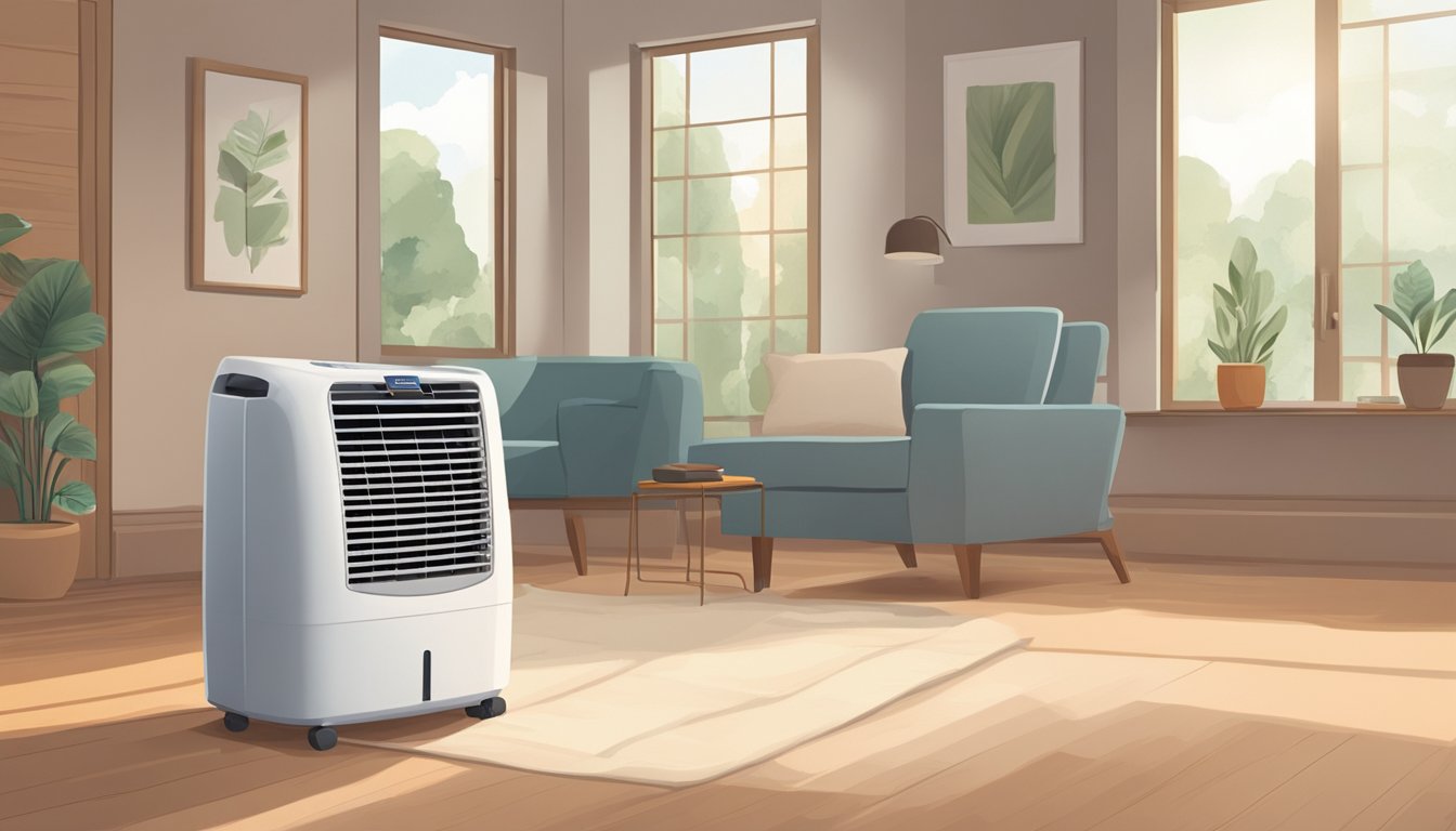 A portable air conditioner and an air cooler sit side by side, surrounded by a warm, stuffy room. The air conditioner hums softly as it blows out cool air, while the air cooler emits a gentle breeze