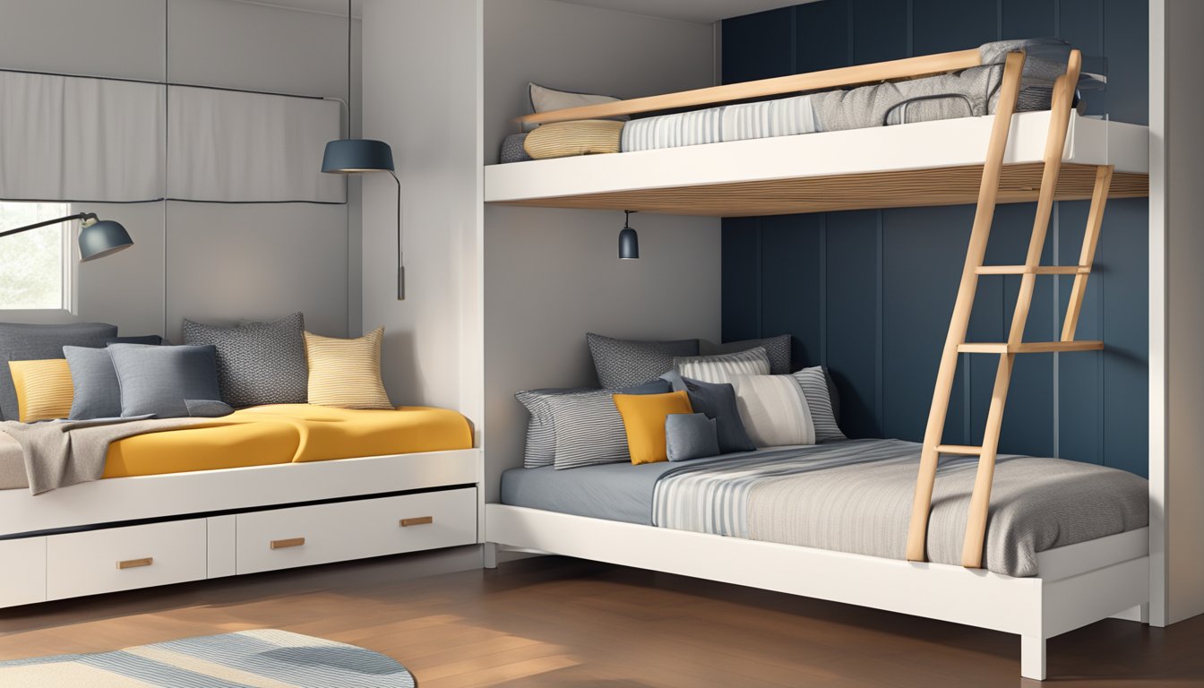 Two sleek, modern double bunk beds with clean lines and minimalist design, set against a backdrop of a stylishly decorated bedroom