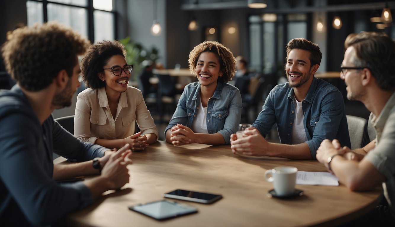 A group of people engaged in lively conversation, surrounded by innovative and interactive meeting elements, with a focus on creativity and collaboration