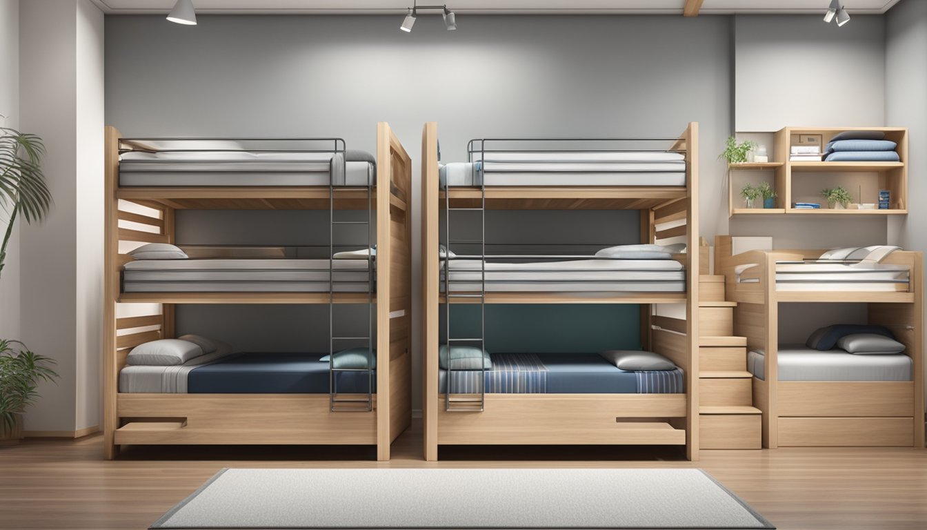 Two double bunk beds with different types of mattresses displayed in a showroom. The beds are neatly made and positioned side by side