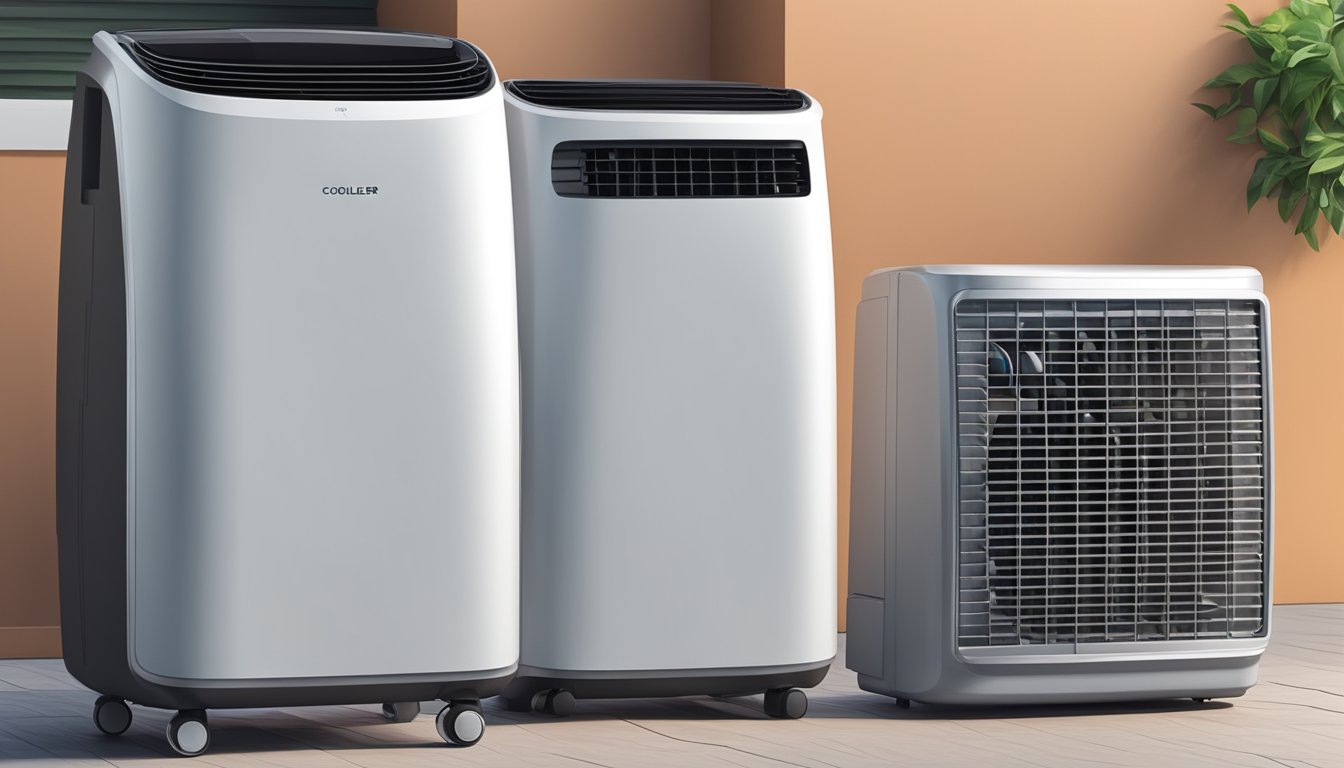 A portable air conditioner and an air cooler sit side by side, with the portable air conditioner emitting cool air and the air cooler using water to provide a cooling effect