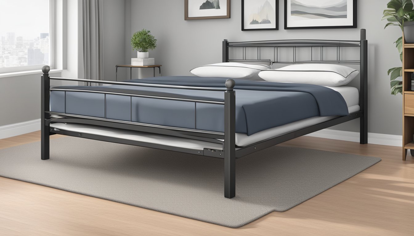 A sturdy bed frame holds a stack of heavy weights without bending or creaking. The frame's material and construction suggest durability and strength