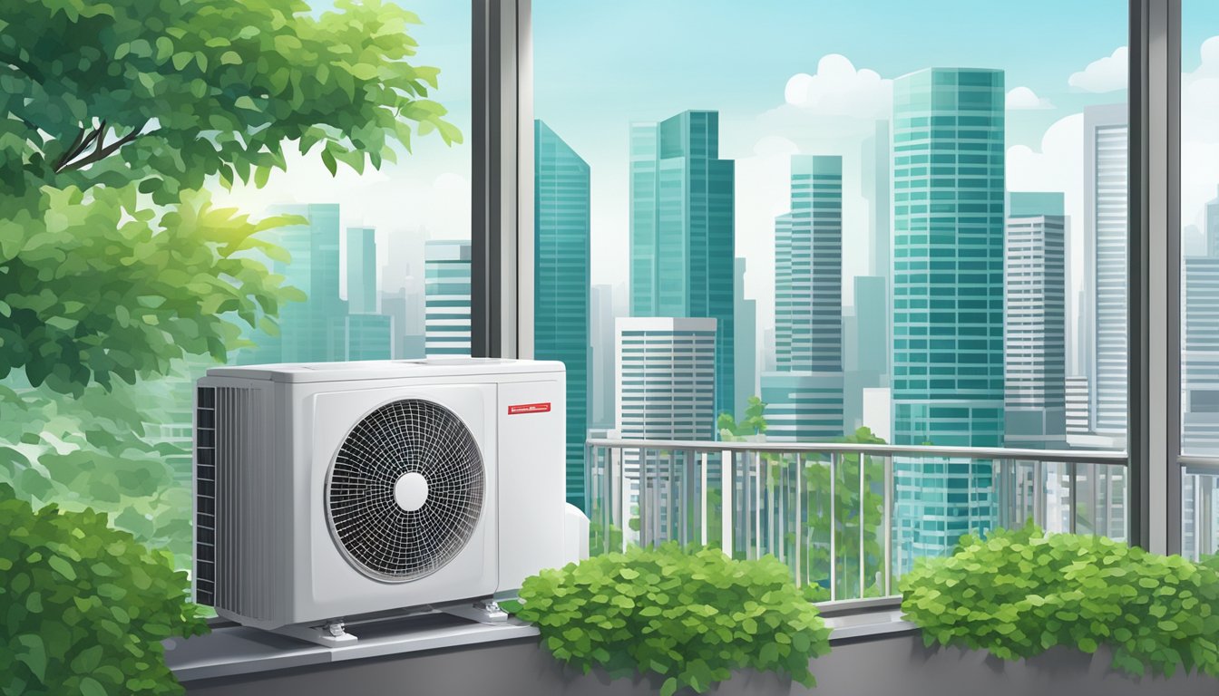 A window unit air conditioner in a Singapore setting, with a backdrop of city buildings and lush greenery