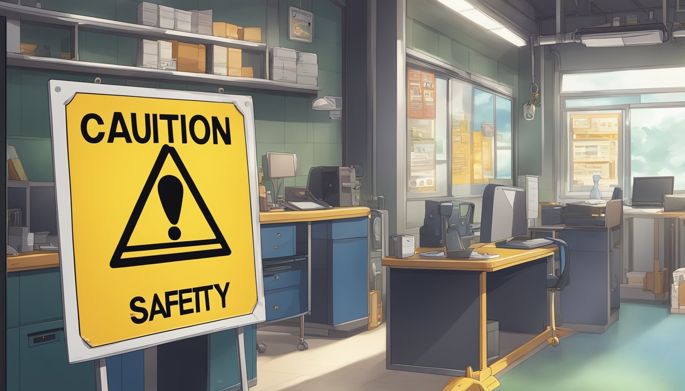 A caution sign with exclamation mark, a hazard symbol, and a checklist of safety precautions