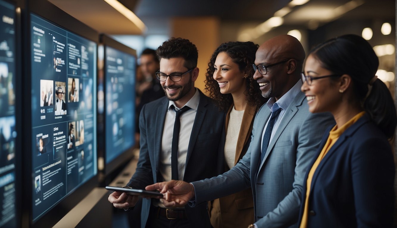 A group of diverse people interact with interactive displays and hands-on activities, creating a vibrant and engaging meeting experience