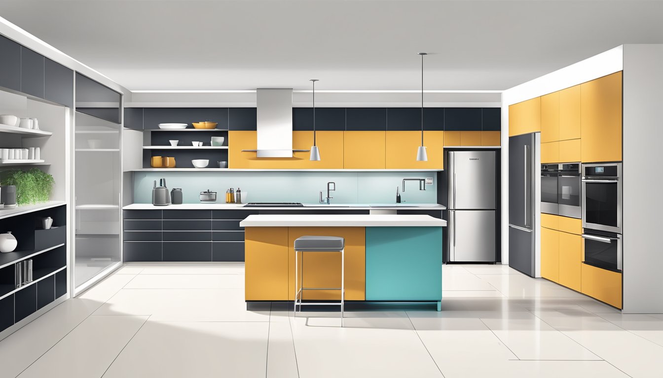 A sleek kitchen with a central island, sink, stove, and fridge forming a functional triangle. Modern appliances and clean lines enhance the minimalist design