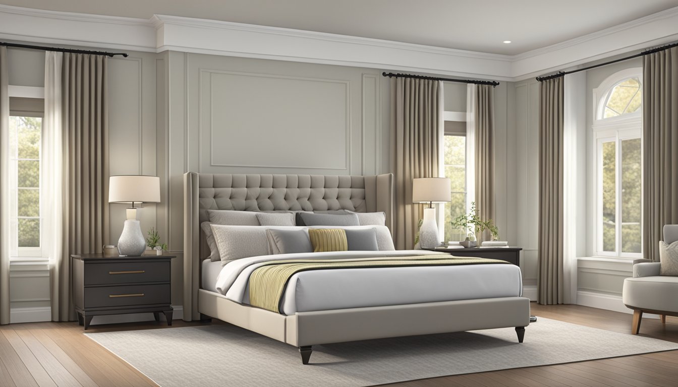 A queen size bed, 60 inches wide and 80 inches long, with a mattress and bedding, against a neutral backdrop