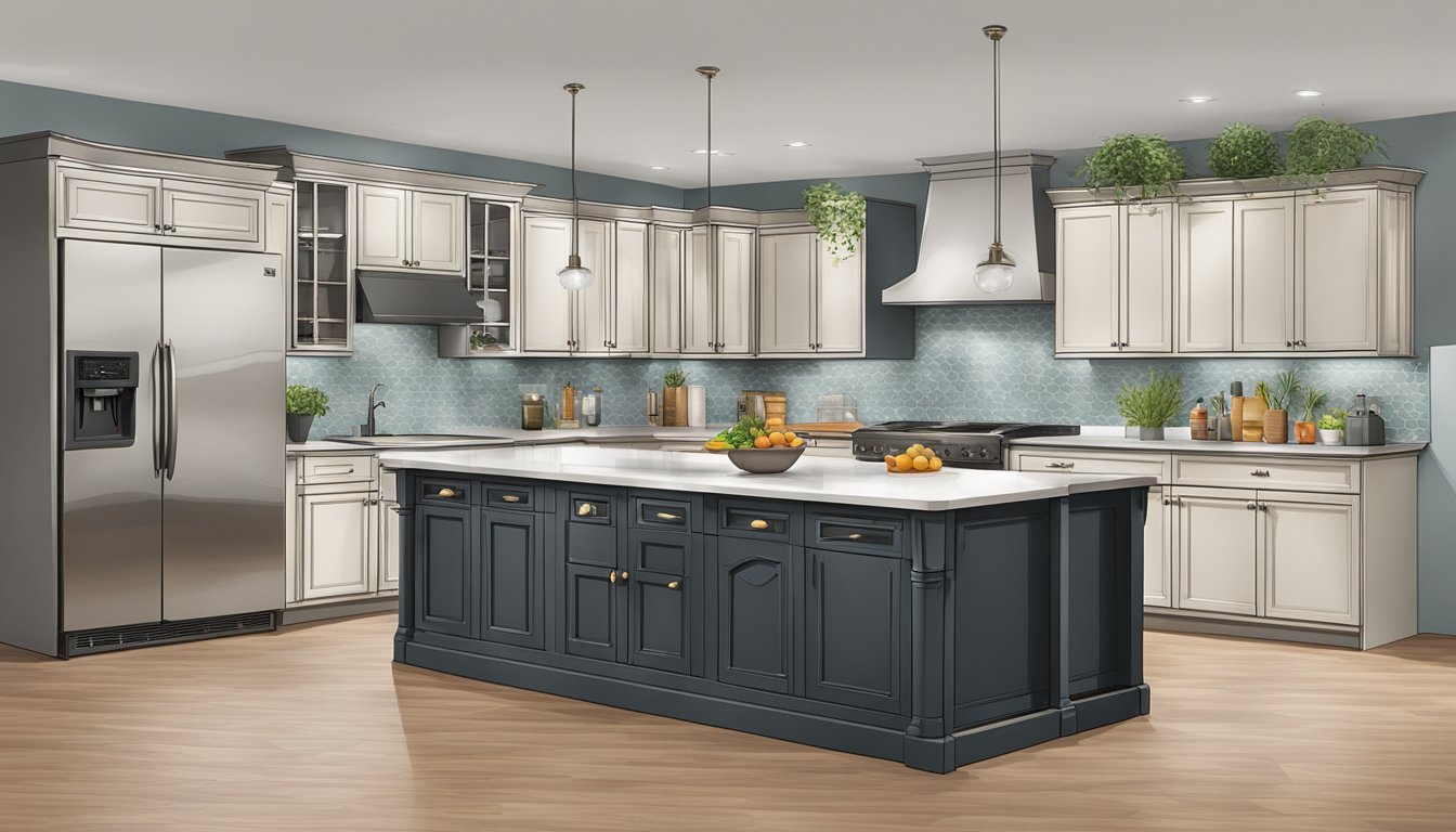 A kitchen with stove, sink, and fridge forming a triangle. Cabinets and countertops surround the area