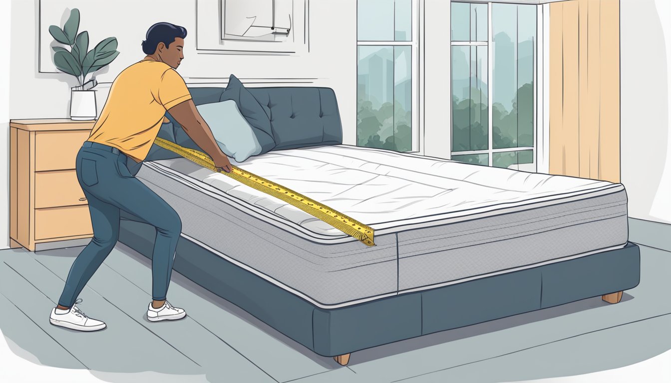 A person measures a queen size mattress with a tape measure