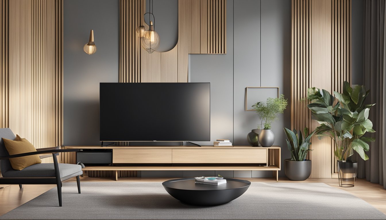 A sleek, modern TV console with clean lines and a minimalist design, featuring a combination of wood and metal materials, set against a backdrop of a stylish living room interior in Singapore