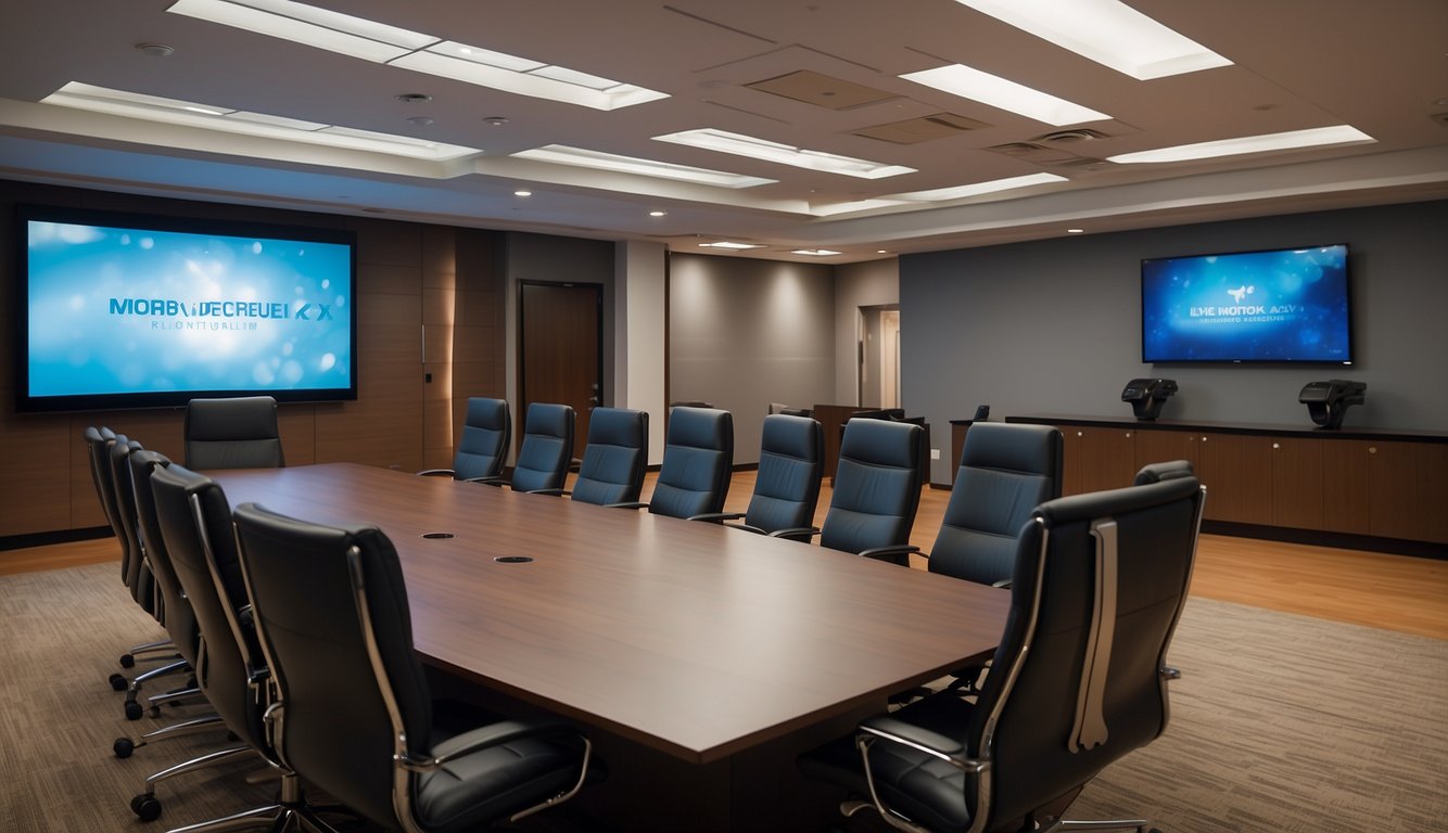 A conference room with modern furniture, state-of-the-art AV equipment, and branded materials displayed on the tables and walls