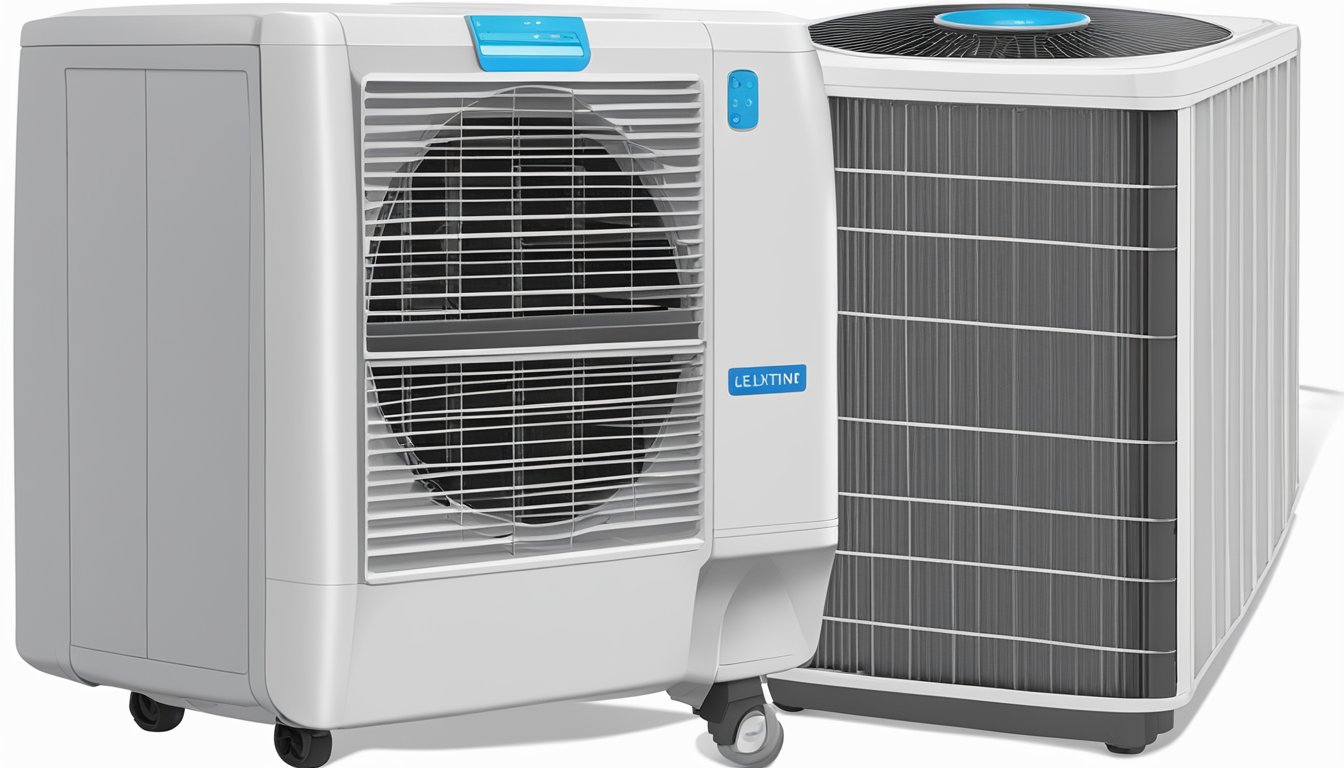 A portable air conditioner and air cooler sit side by side, with a list of frequently asked questions displayed nearby