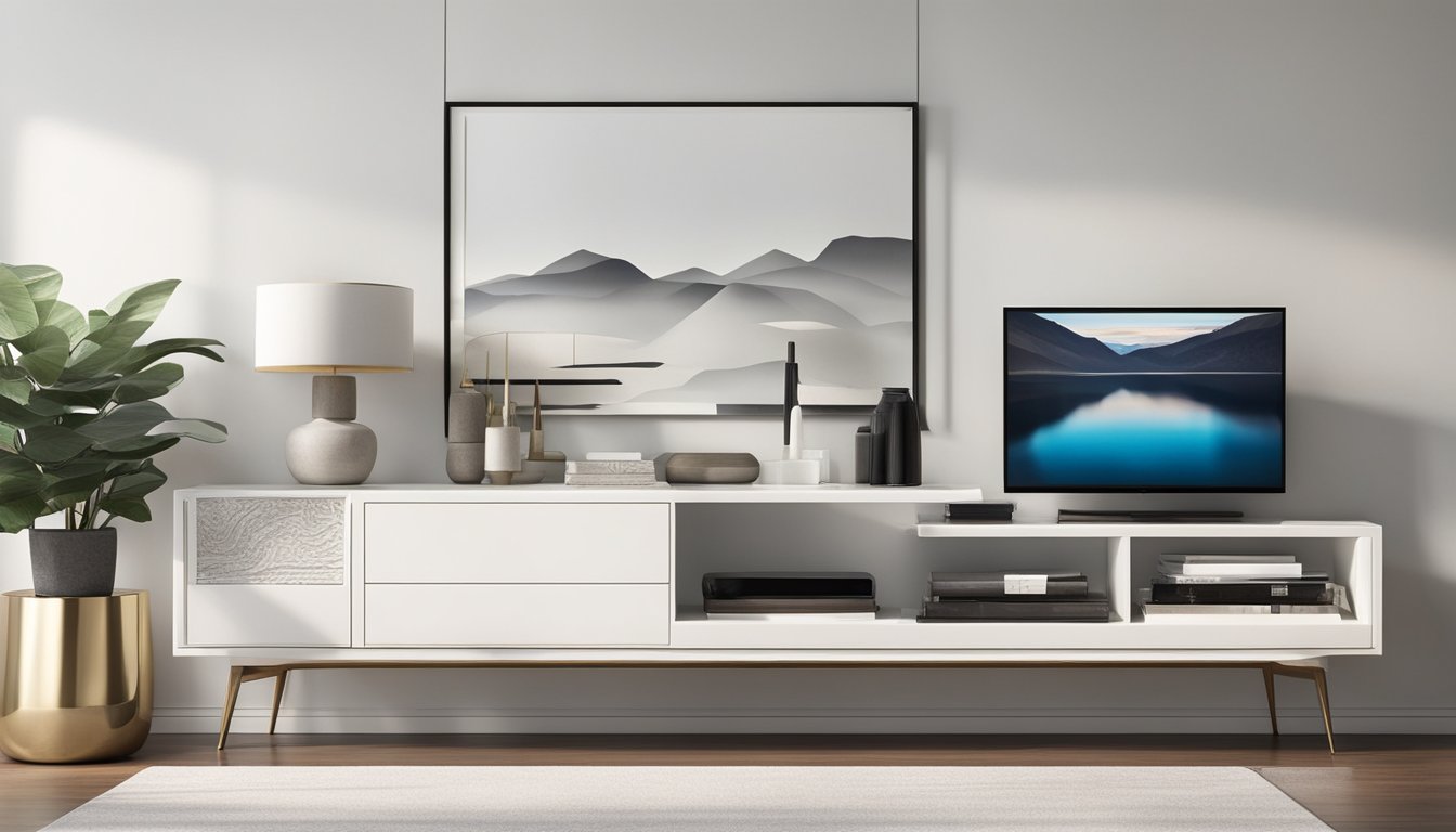 A sleek, minimalist TV console sits against a white wall, adorned with a few carefully curated decor pieces. The console features clean lines and a glossy finish, adding a touch of modern elegance to the living space