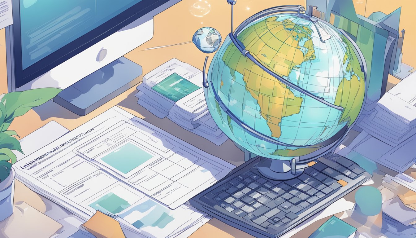 A digital age verification system with a checkmark symbol, a legal document, and a globe representing global compliance