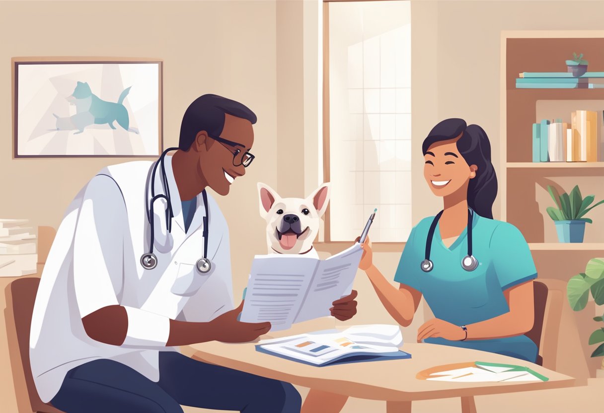 A happy, healthy pet with a vet and owner discussing lifetime pet insurance options. The vet is holding a pamphlet and pointing to key information while the owner listens attentively
