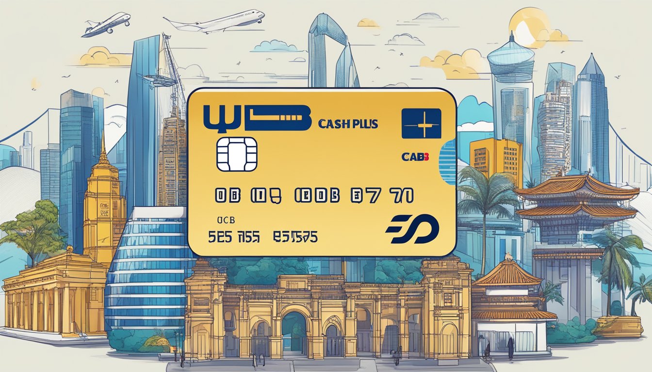 A credit card with "UOB CashPlus" logo, surrounded by Singaporean landmarks, with a prominent "Annual Fee Waiver" banner
