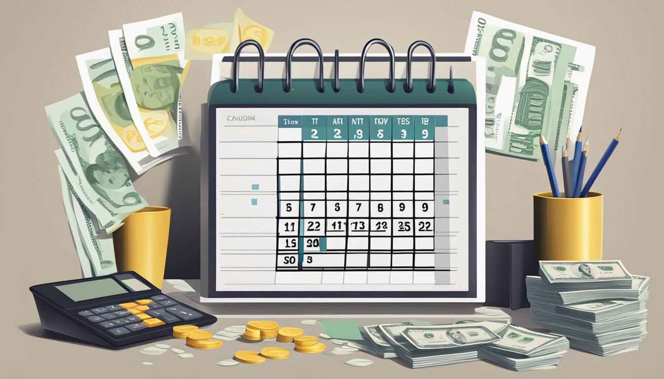A calendar with marked dates, a stack of cash, and a calculator on a desk