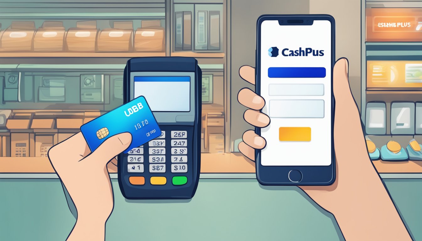 A hand holding a credit card, making a payment on a UOB CashPlus account through a digital device in Singapore