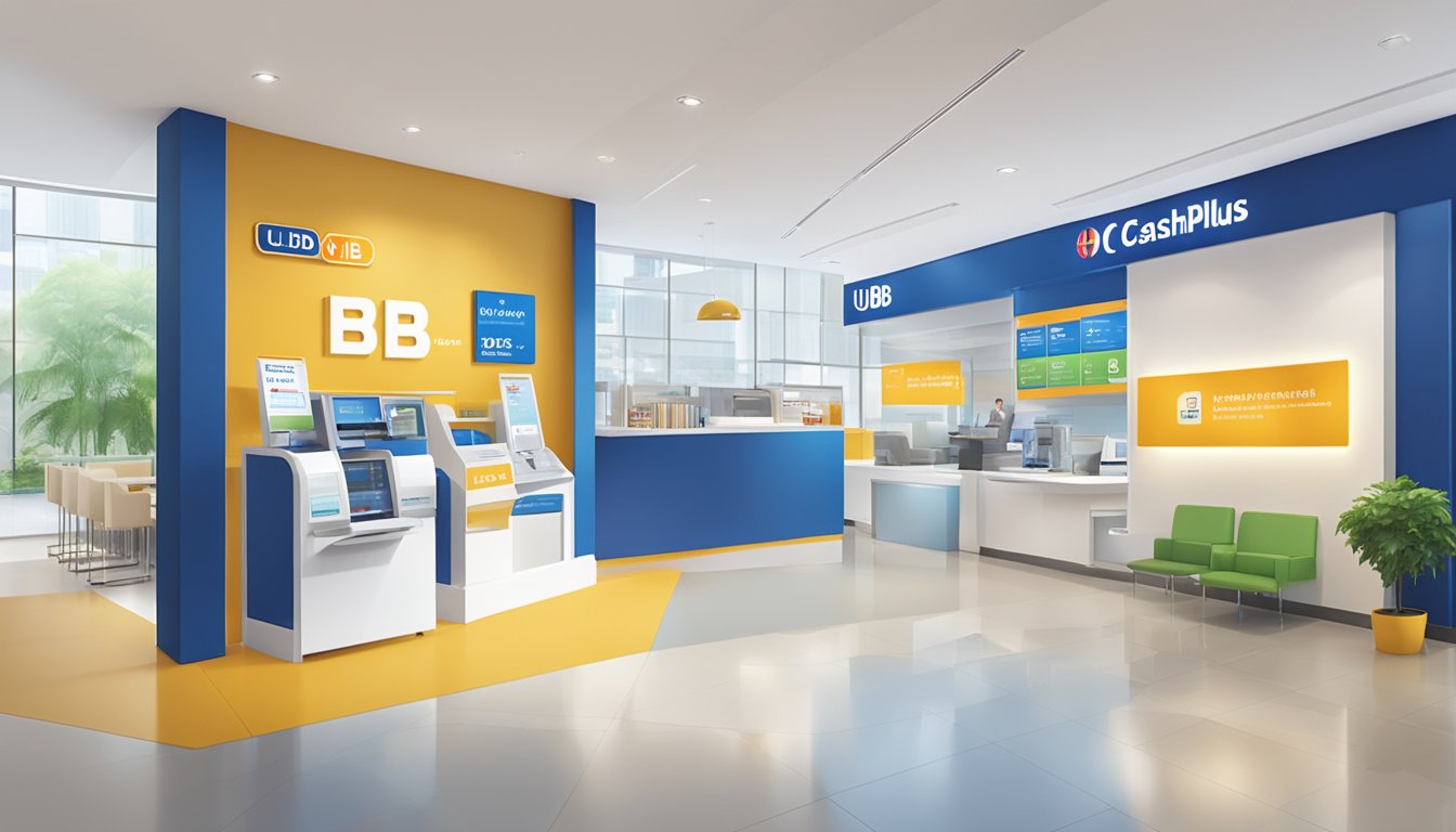 A bright and modern bank branch with UOB CashPlus signage, showcasing the annual fee waiver promotion in Singapore