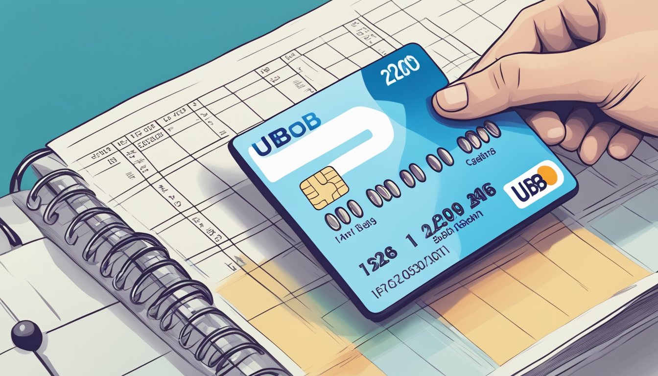 A hand holding a credit card with "UOB CashPlus" written on it, next to a calendar showing the date of application