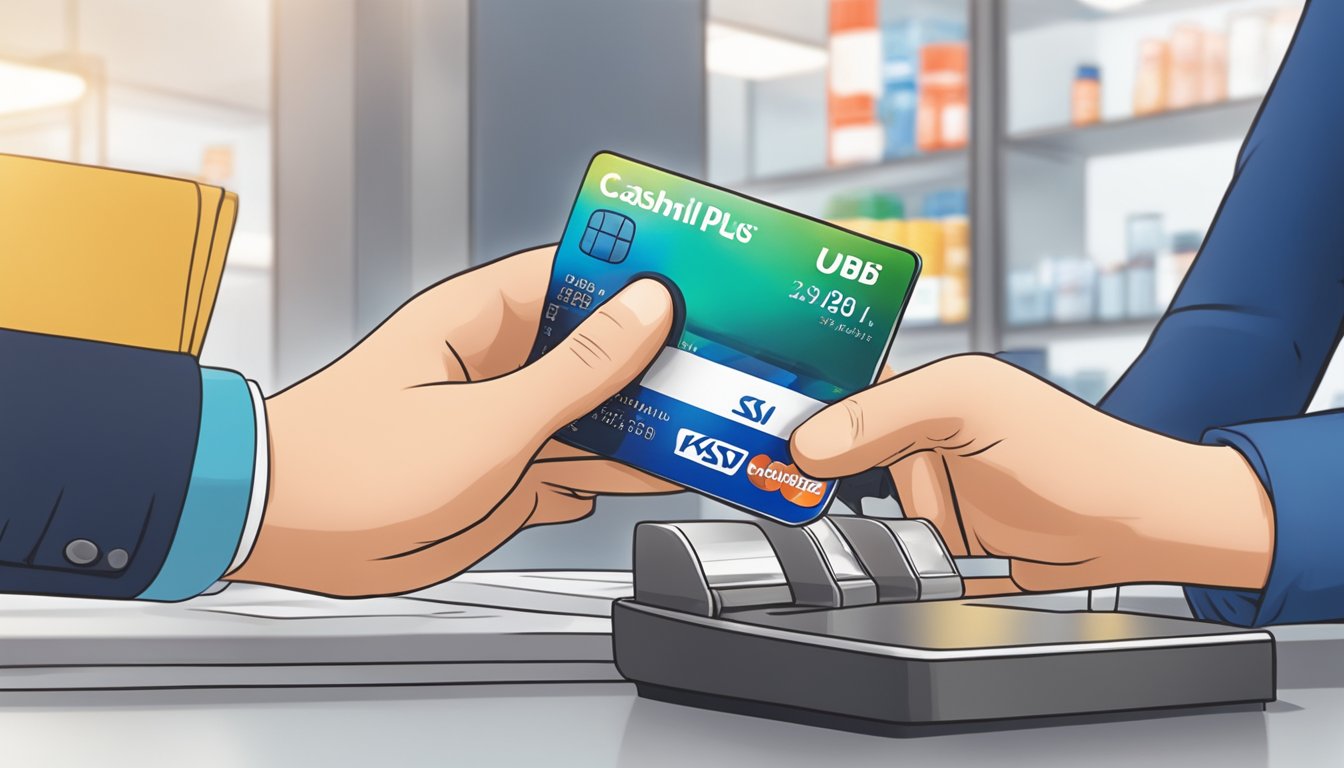 A hand holding a UOB CashPlus card making a repayment at a UOB branch in Singapore