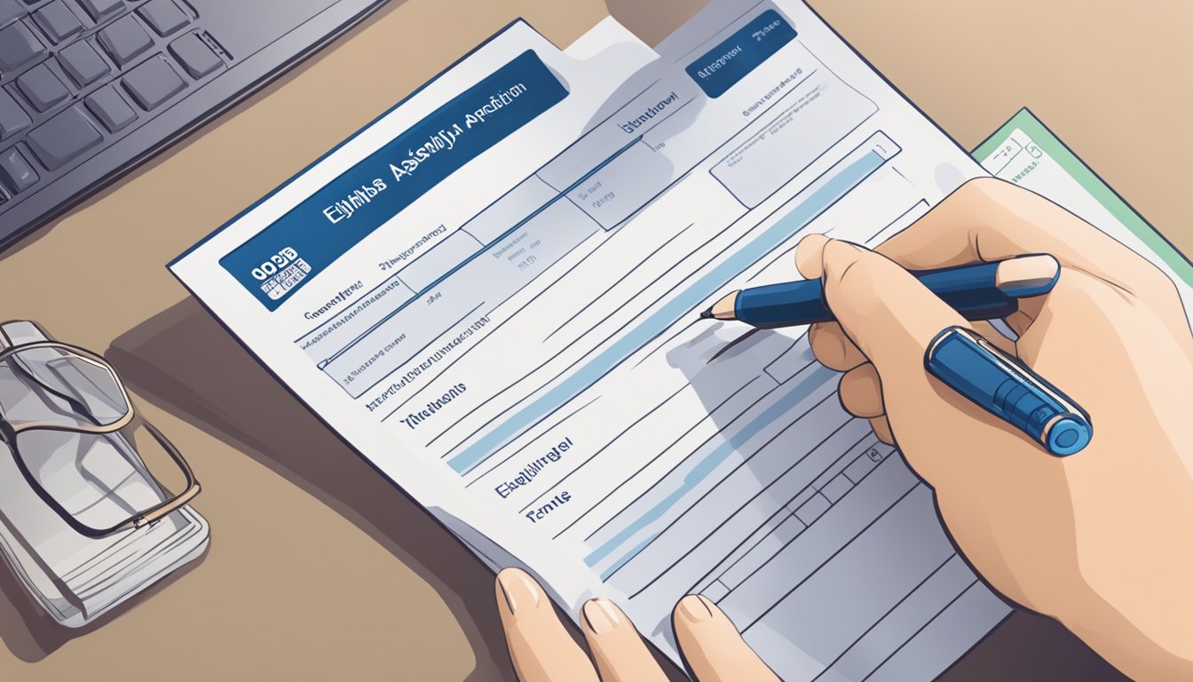 A hand holding a pen fills out a UOB CashPlus application form with the words "Eligibility and Application" highlighted