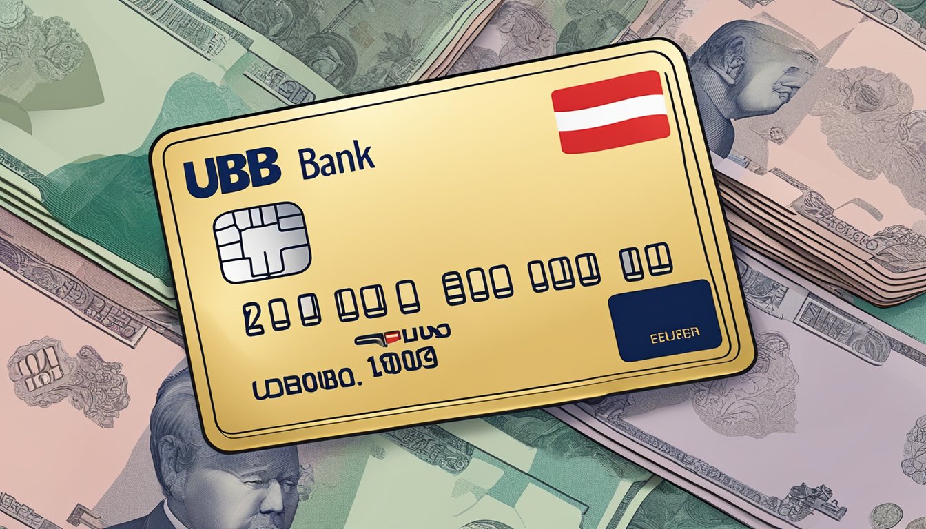 A bank card with "UOB Cashplus" logo displayed, surrounded by Singaporean currency notes and coins, with a "Annual Fee Waiver" stamp