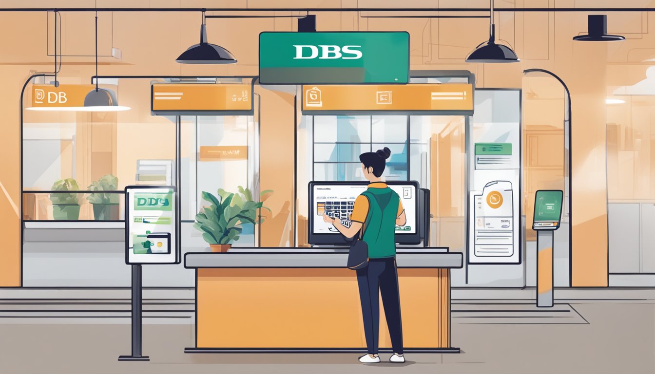 A person using a smartphone to apply for DBS Cashline, with the DBS logo and digital banking interface displayed on the screen