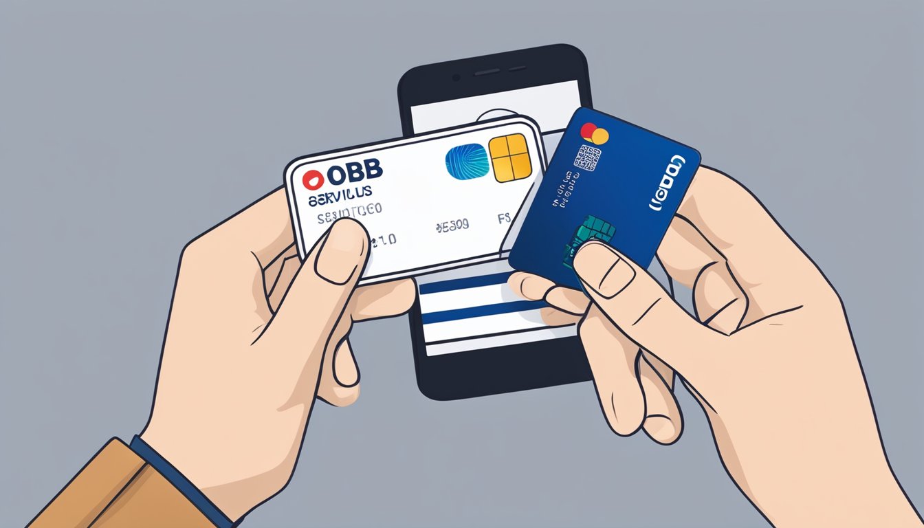 A hand holding a UOB CashPlus card with a smartphone displaying additional services such as bill payments, fund transfers, and account management